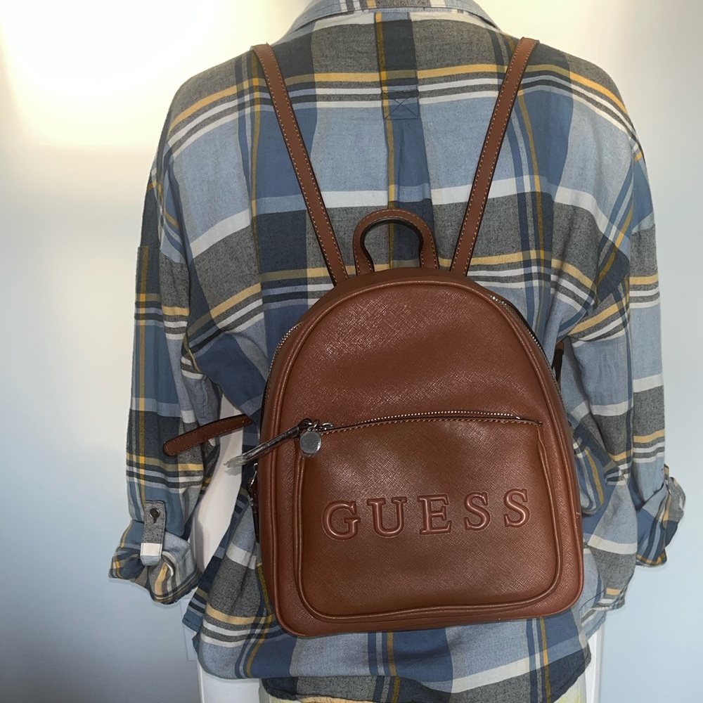 GUESS Brown Leather Mini Backpack with Embossed Logo